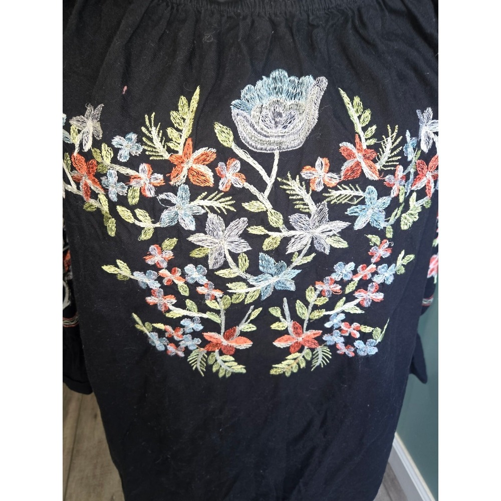 Free People Fleur Du Jour Black Floral Embroidered Off Shoulder Mini Dress Sz S - Picture 2 of 4